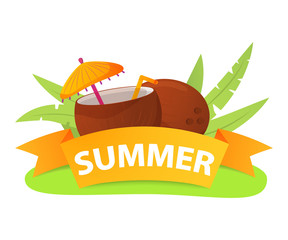 Beach cocktail coco.Pina colada in coconut  with straw, umbrella.Summer tropical concept of a banner with palm leaves.Cartoon illustration vector icon for web design.