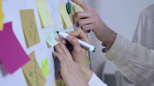 Hands of a business woman make a note on a sticker during a meeting. Team business people write ideas on a white board.