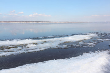 View of the Kama River in the spring, Perm city, Russia