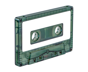 Obraz premium Cassette tape isolated on white background. Blank white sticker as copy space. Popular audio technology from 70s, 80s and 90s.