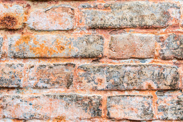 Vibrant abstract wallpaper, banner. Red vintage wall with damaged brick.