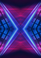 Dark abstract futuristic background. Neon glow, light lines, shapes. UV light.