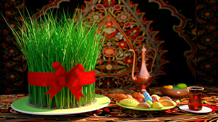 Novruz setting in Azerbaijan with black tea in armudu pear shape drinking glass with green wheat grass semeni with red ribbon for celebration. Spring equinox, Persian Nowruz greeting card copy space