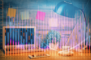 Multi exposure of chart and financial info and work space with computer background. Concept of international online trading.