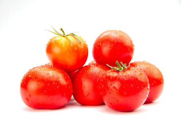 Group of fresh red tomatoes with water drops isolated on white background