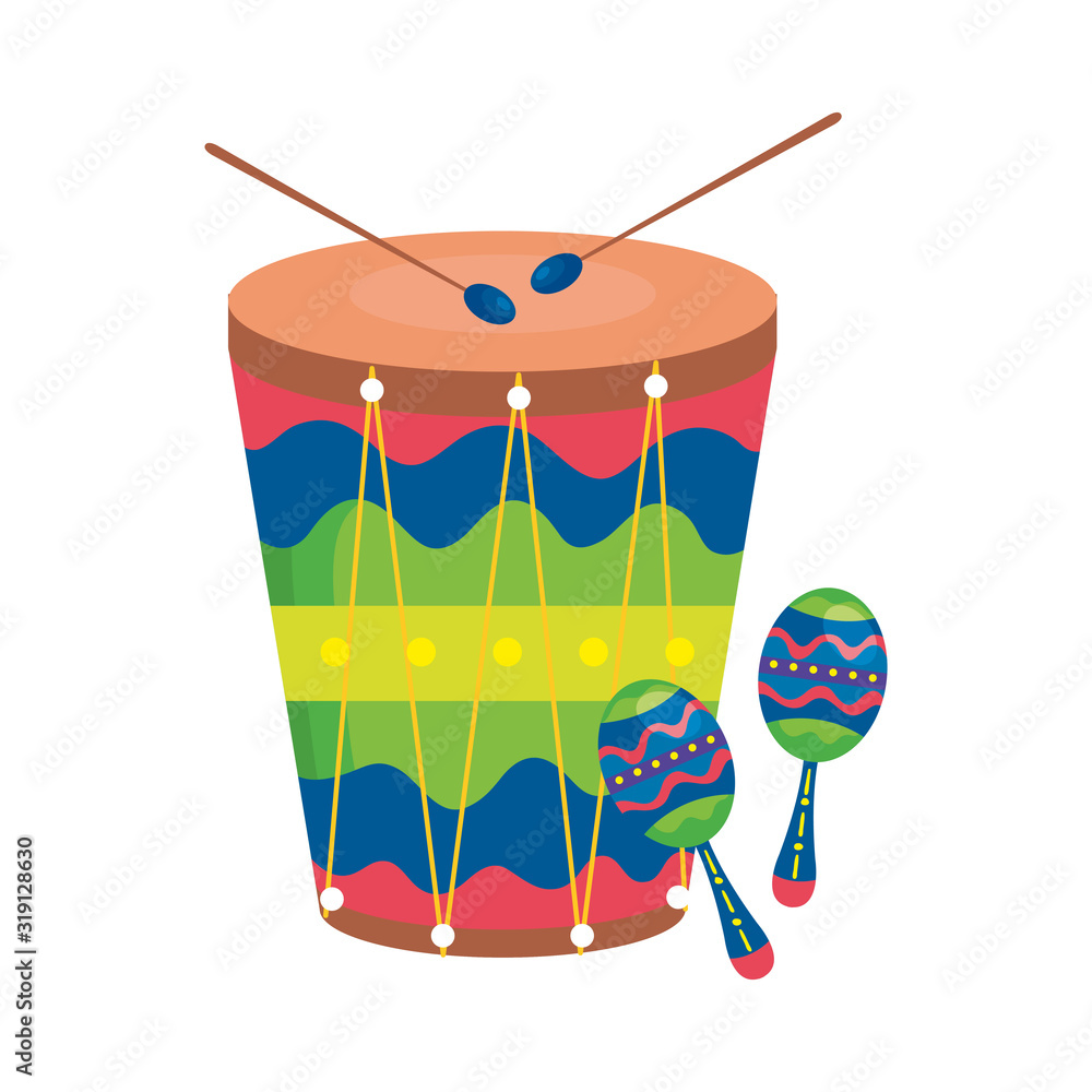 Poster maracas with drum musical instruments vector illustration design