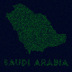 Digital Saudi Arabia logo. Country symbol in hacker style. Binary code map of Saudi Arabia with country name. Classy vector illustration.