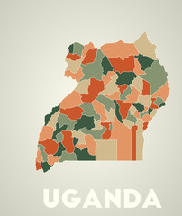 Uganda poster in retro style. Map of the country with regions in autumn color palette. Shape of Uganda with country name. Artistic vector illustration.