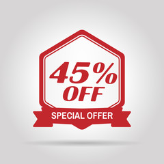 Special offer sale red tag. This is the concept of the price list for discounts, of an advertising campaign, advertising marketing sales, a 45% off discount, a unique offer. Vector illustration.