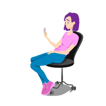 A girl looks into the phone while sitting on an office chair. Dissatisfied surprised expression on the face of the problem. Cartoon character in a flat style.