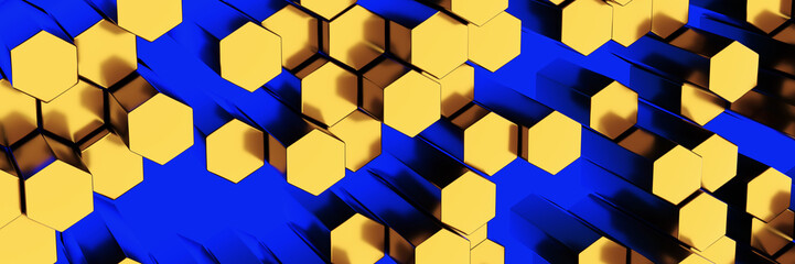 Gold wall of honeycombs. Chaotic Cubes Wall panorama Background. 3d Render