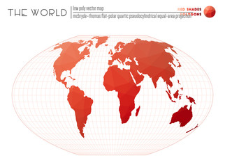 Triangular mesh of the world. McBryde-Thomas flat-polar quartic pseudocylindrical equal-area projection of the world. Red Shades colored polygons. Elegant vector illustration.