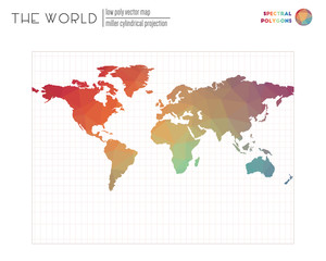 Low poly world map. Miller cylindrical projection of the world. Spectral colored polygons. Awesome vector illustration.