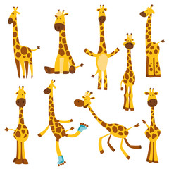 Set of Cheerful funny giraffes with long neck. Height meter or meter wall or wall sticker from 0 to 150 centimeters to measure growth. Childrens vector illustration - obrazy, fototapety, plakaty