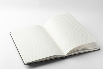 Stylish open notebook with blank sheets isolated on white