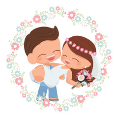 cute happy young wedding couple groom in blue suit carrying the bride in flower wreath white background isolated