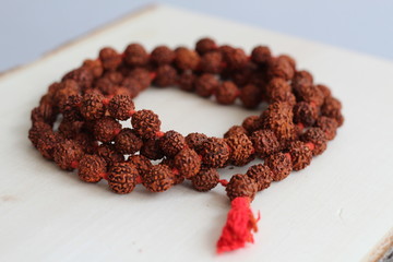 Japa mala. Prayer beads made from the seeds of the rudraksha tree. close-up