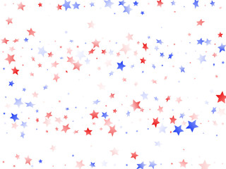 Flying red blue white star sparkles on white vector american patriotic background.