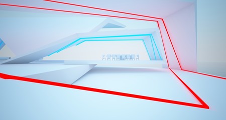 Fototapeta premium Abstract architectural white interior of a modern villa on the sea with colored neon lighting. 3D illustration and rendering.