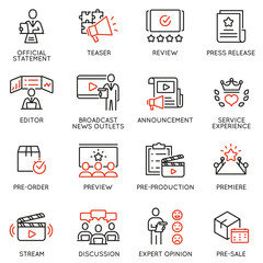 Vector set of linear icons related to announcement, pre-order, preview and discussion. Mono line pictograms and infographics design elements