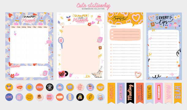 Collection of weekly or daily planner, note paper, to do list, stickers templates decorated by cute love illustrations and inspirational quote. School scheduler and organizer. Flat vector