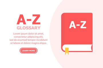 The red book A-Z Glossary is depicted on a white background, and the text is to the left.