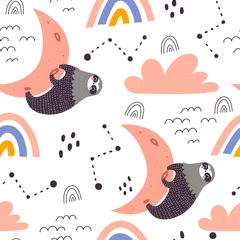 Wallpaper murals Sloths Seamless pattern with cartoon sloths, moon, rainbow, clouds, decor elements. kid colorful vector, flat style. hand drawing. baby design for textile, print, fabric, wrapping paper