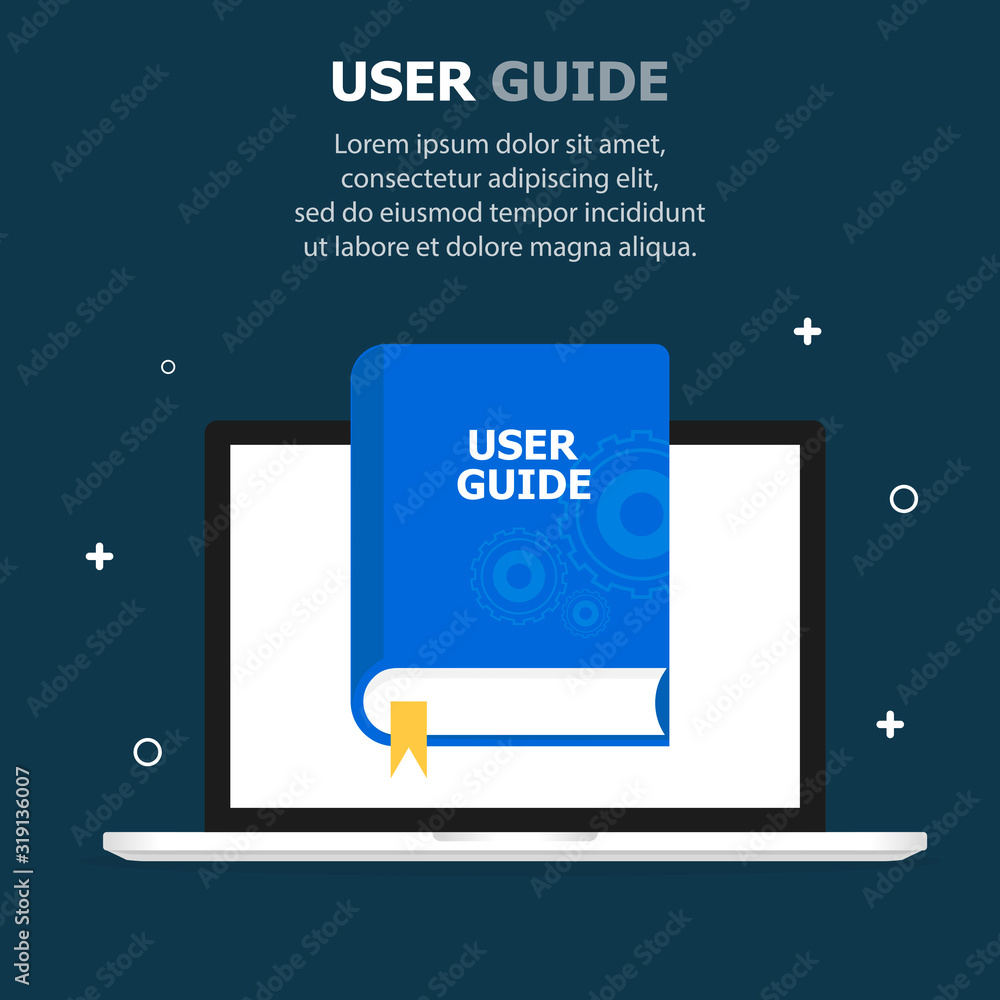 Aufkleber the blue book user guide is depicted on the computer screen. dark blue background, white small objec