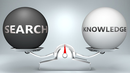 Search and knowledge in balance - pictured as a scale and words Search, knowledge - to symbolize desired harmony between Search and knowledge in life, 3d illustration