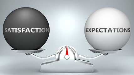 Satisfaction and expectations in balance - pictured as a scale and words Satisfaction, expectations - to symbolize desired harmony between Satisfaction and expectations in life, 3d illustration