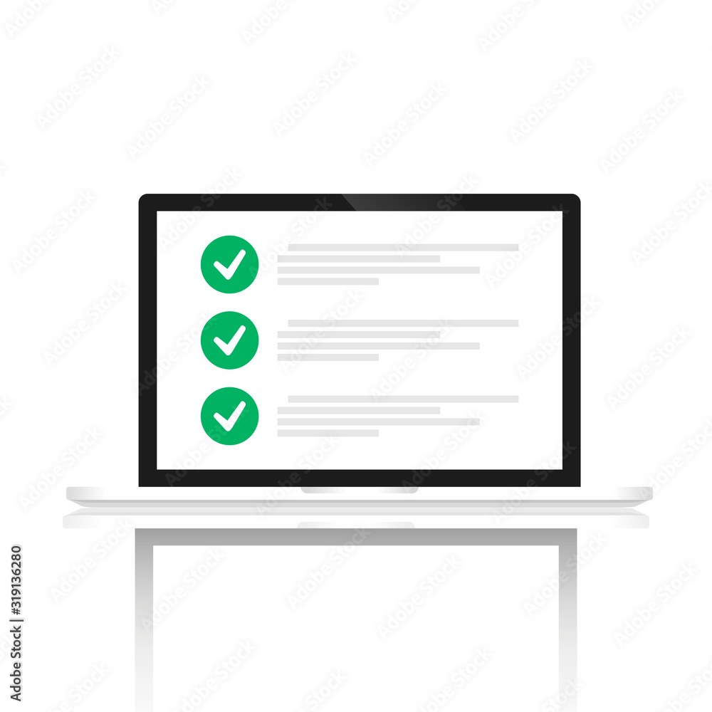 Poster a computer with a list of green check marks is depicted on a white background. below the display of 
