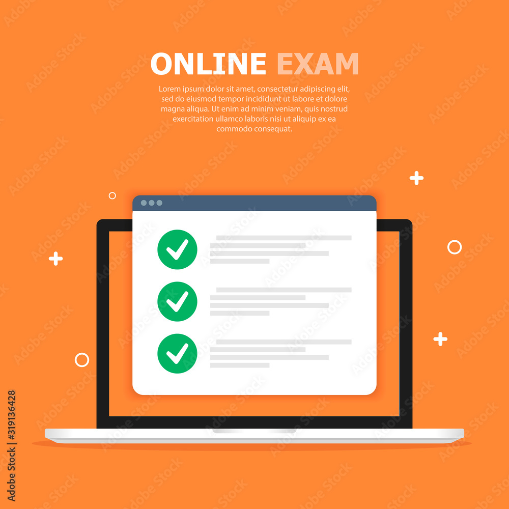 Poster the white screen of the online exam in the computer is shown on an orange background. white text is 