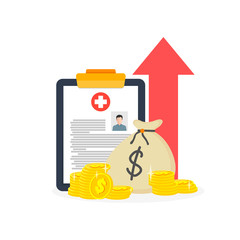 A tablet with a male medical card, a bag of money and a red arrow upwards is depicted on a white background. Medicine is growing financially.