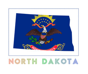 North Dakota Logo. Map of North Dakota with us state name and flag. Radiant vector illustration.