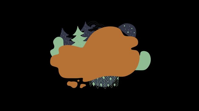 Animated wavy abstract shapes, flat fir trees and hand drawn elements. Moving background with copy space for text, slogan, greeting inscription, title. 4K breathing brown frame with Christmas forest