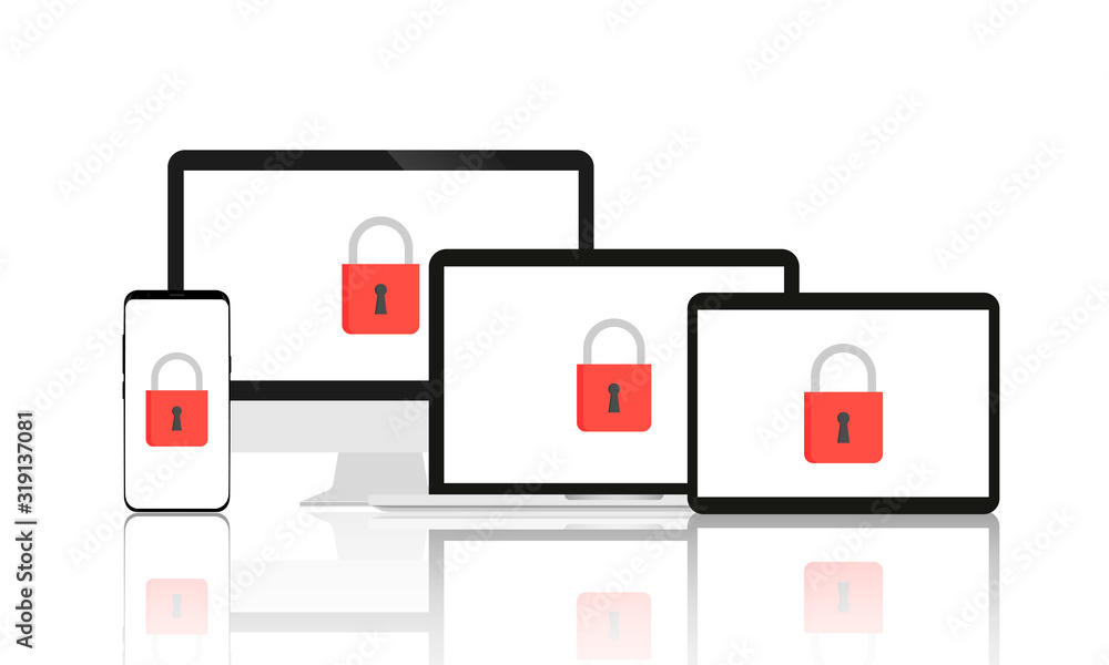 Aufkleber technology objects with security signs on screens. white background and shadow under objects.