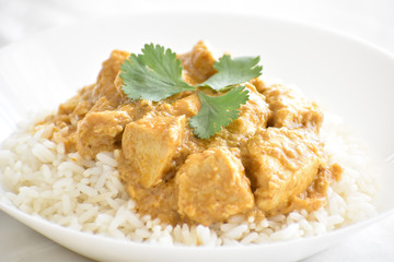 Chicken Korma on a white plate. Soft and selective focus. Traditional Indian food. 