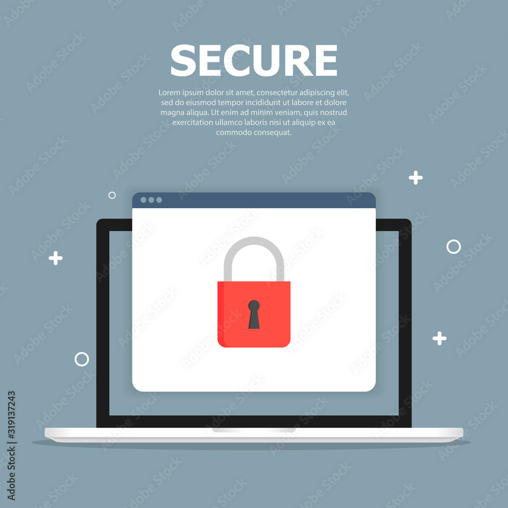 Fototapete technology objects with security signs on window browser on screens. blue background and white objec