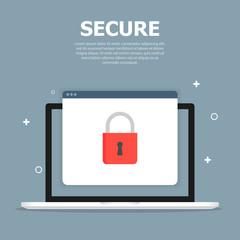 Technology objects with security signs on window browser on screens. Blue background and white objects on background. White text.