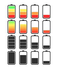 A set of batteries of different charge levels. White background. Multicolored and black and white.