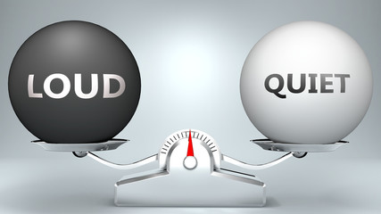Loud and quiet in balance - pictured as a scale and words Loud, quiet - to symbolize desired harmony between Loud and quiet in life, 3d illustration