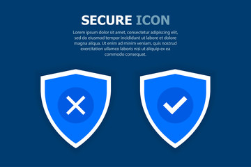 Two blue security shields. One successful other is not. Dark blue background.