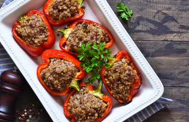 Bell pepper stuffed with meat and couscous. Tasty meal for lunch.