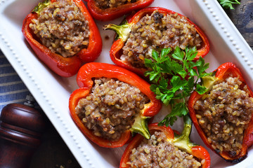 Bell pepper stuffed with meat and couscous. Tasty meal for lunch.