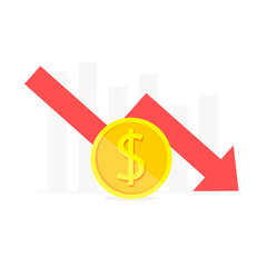 Gold coin in front and a graph with a red arrow down from the back. White background.