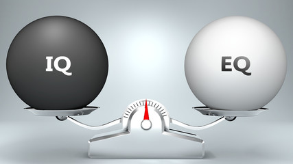 Iq and eq in balance - pictured as a scale and words Iq, eq - to symbolize desired harmony between Iq and eq in life, 3d illustration