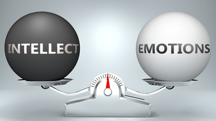 Intellect and emotions in balance - pictured as a scale and words Intellect, emotions - to symbolize desired harmony between Intellect and emotions in life, 3d illustration