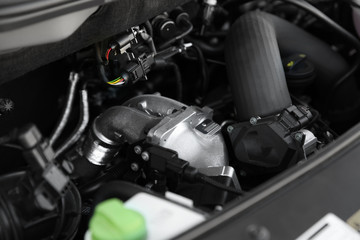Fototapeta premium Closeup view of engine bay in modern car