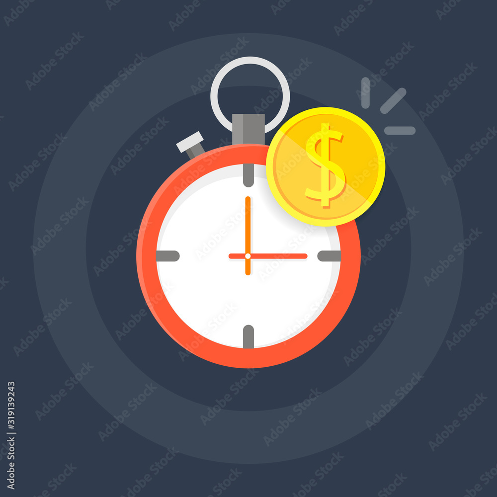Poster the clock with a monetary coin above it is depicted on a blue background. shadow by object.
