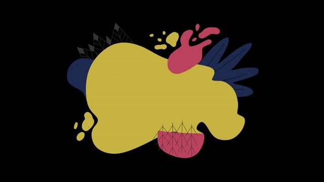Moving liquid blobs layout with hand drawn elements alpha channel. Yellow, navy blue and coral paint splashes in abstract banner motion video. Ultra HD animated trendy template from wavy shapes